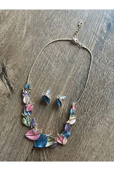 Büyük Hanım Colorful Leaf Model Vintage Elegant Metal Necklace Earring Set