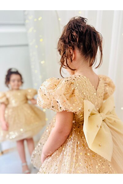 Linarookids Altın Sarısı Taşlı Vintage Kız Bebek Elbise,Doğum günü elbise,fotoğraf çekim elbise,1-11 Yaş Uygun