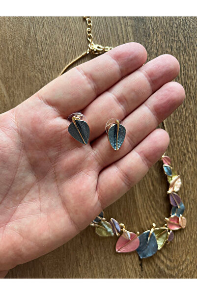 Büyük Hanım Colorful Leaf Model Vintage Elegant Metal Necklace Earring Set