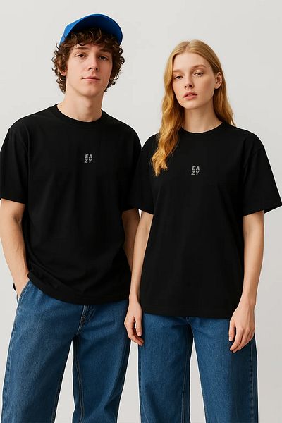 Eazy Co Eazy Basic Unisex Black Oversize T-shirt - Embossed Printed, Short Sleeve