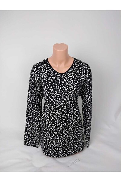 YAŞAR TRİKO تي شيرت نسائي أسود وأبيض برقبة على شكل حرف U وأكمام طويلة منقوش و...