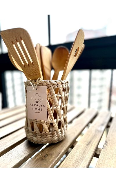 AFRALYAHOME Countertop Wicker Spoon Holder Flower Pot Organizer Wicker Spoon Holder Bamboo Spoon Holder Wooden Spoon Holder