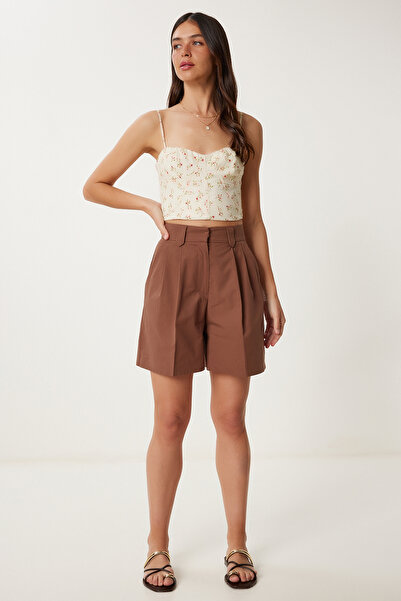 Lovelyİstanbul City Size Woven Shorts with Pockets Brown Lfk0008