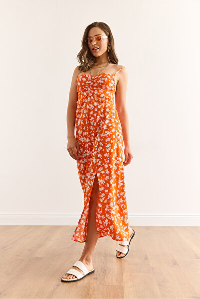 Olalook Women's Orange Strap Adjustable Front Gathered Woven Viscose Dress Elb-19002438