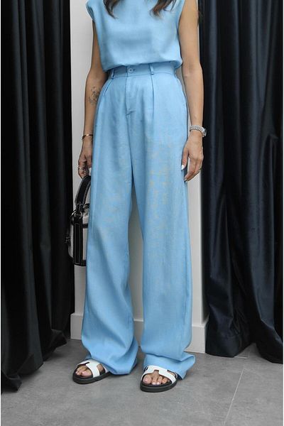 Havoş Blue Single Button Linen Trousers