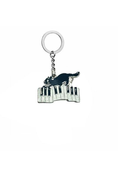 Herşey Nota Metal Keychain with Piano Black Cat Figure – Music and Animal Themed Unisex Accessory