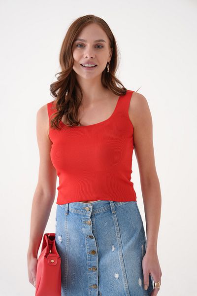 QUELISSE Women's Red Thick Strap Square Neck Knitwear Blouse Q001Kk