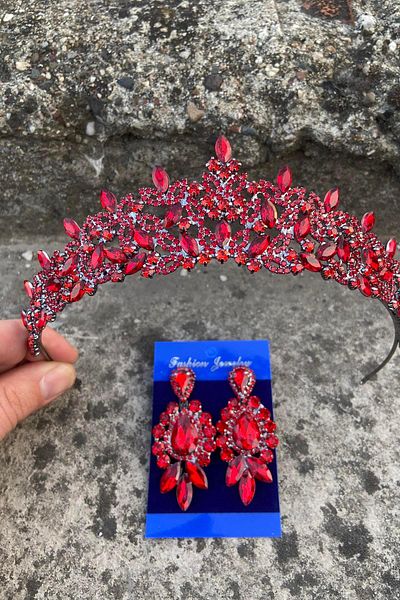 Hobigram Clara Red Bridal Henna Crown Special Occasion Accessory Women's Crown and Three Shuttle Earrings Set