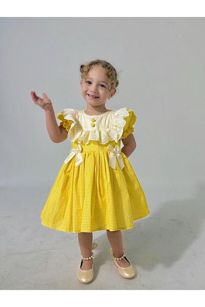 Linarookids Laurel Yellow Buttoned Vintage Baby Girl Dress, Birthday Dress, Photo Shoot Dress, Suitable for 0-7 Years Old