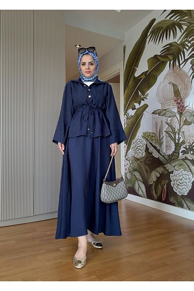 Aselim Hijap Moda Cotton Fabric Buttoned Gathered Detailed Summer Double Skirt Suit – Elegance in Soft Colors (Size 36-46)