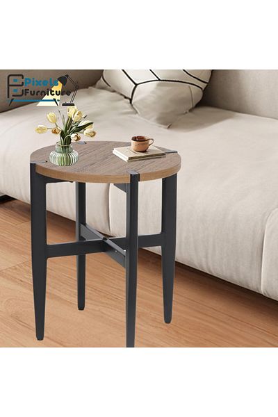 PixelsFurniture Set of 2 Pixel Furniture Round Side Coffee Tables with Wood Top and Metal Ends
