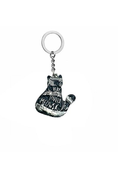 Herşey Nota Black Musical Note Figured Cat Metal Keychain – Music Themed – Unisex Accessory