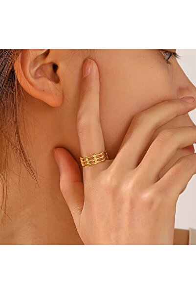 Siya Silver Kararmaz Çelik Üç Şeritli Gold Renk Ayarlanabilir Kadın Yüzük