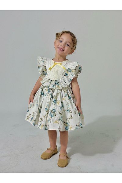 Linarookids Laurel White Floral Vintage Baby Girl Dress, Birthday Dress, Photo Shoot Dress, Suitable for 0-7 Years Old