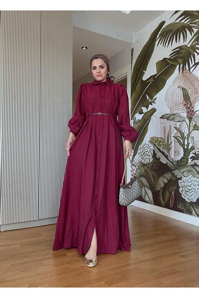 Aselim Hijap Moda Top Buttoned Imported Fabric Belted Dress – Romantic & Elegant Style (Size 38-46) Burgundy