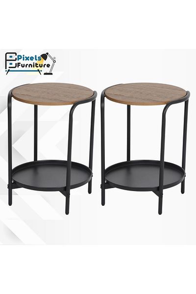 PixelsFurniture Set of 2 round side tables, two-tiered pixel furniture coffee table with a wooden top, a metal lower shelf and metal ends