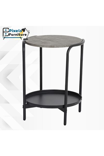 PixelsFurniture طاولة دائري جانبية طبقتين من بكسل الأثاث للقهوة بسطح من الخشب وبرف سفلي من المعدن وبأطراف من المعدن