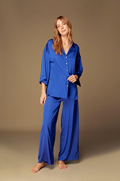 BONJOUR MADAME Saten Düğme Detalı Gömlek Yaka Pijama Takım 2'li Set 1528 Sax Blue