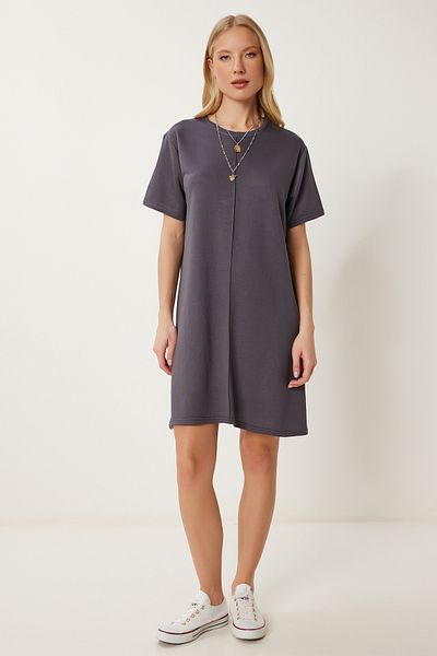Happiness İstanbul Women's Anthracite Cotton Stretchy Knitted Dress Zv00317