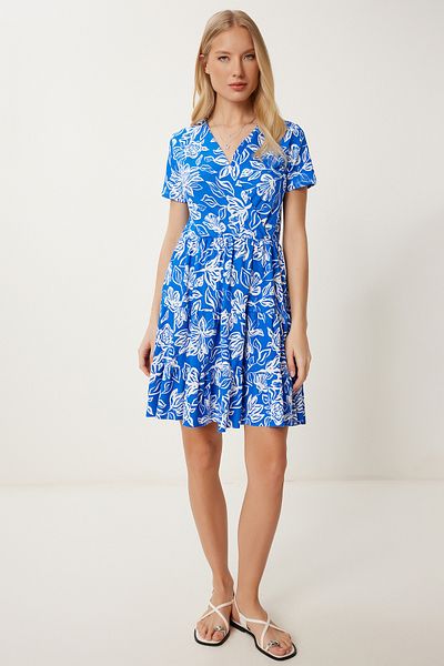 Happiness İstanbul Rochie mini tricotată elastică pentru femei, albastru și alb, cu guler înfășurat MC00298