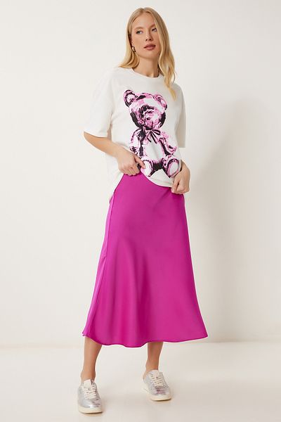 Happiness İstanbul Dunkelrosa Midi-Satinrock für Damen DP00260