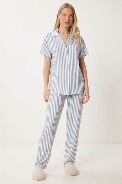 Happiness İstanbul Grau gemustertes, flexibles, weiches, strukturiertes Pyjama-Set für Damen FP00009