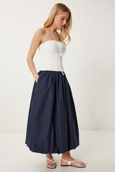 Happiness İstanbul Women's Navy Blue Ecru Stretchy Knitted Top Dress with Balloon Skirt Pb00031