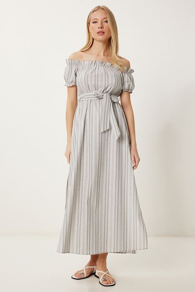 Happiness İstanbul Women's Bone Gray Striped Off-The-Shoulder Summer Linen Dress Li̇00120