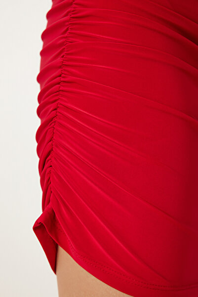 Happiness İstanbul Women's Red Gathered Saran Mini Sandy Dress Li̇00123