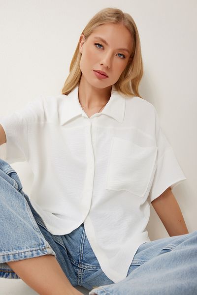 Happiness İstanbul Women's Ecru Wrinkle Effect Pocket Woven Blouse Mx00193