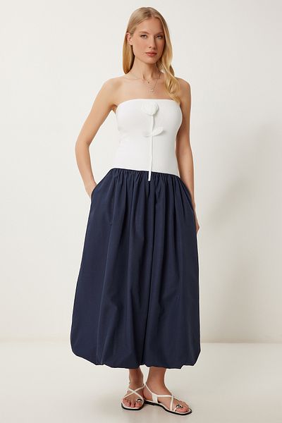 Happiness İstanbul Women's Navy Blue Ecru Stretchy Knitted Top Dress with Balloon Skirt Pb00031