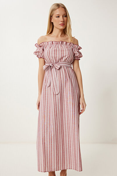 Happiness İstanbul Women's Bone Burgundy Striped Off-The-Shoulder Summer Linen Dress Li̇00120