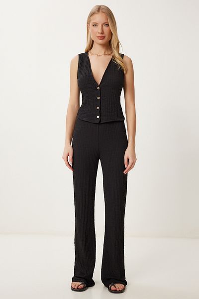 Happiness İstanbul Women's Black Textured Summer Saran Flexible Knitted Vest Pants Suit Zv00318