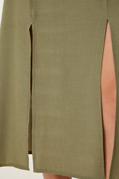 Happiness İstanbul Γυναικείο Πλεκτό Φόρεμα Χακί Φούντα Crinkle Lİ00121