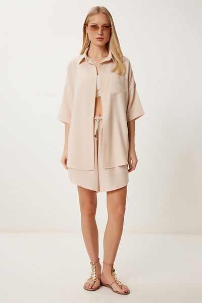 Happiness İstanbul Women's Beige Linen Blended Shirt Shorts Set Dz00124