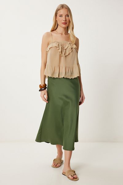 Happiness İstanbul Women's Green Midi Satin Skirt Dp00260