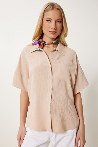 Happiness İstanbul Γυναικεία μπλούζα με υφαντό μπεζ τσέπη με εφέ ρυτίδων MX00193