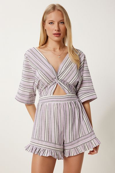 Happiness İstanbul Damen-Jumpsuit aus gestreiftem Leinen in Bone Lilac Lİ00119