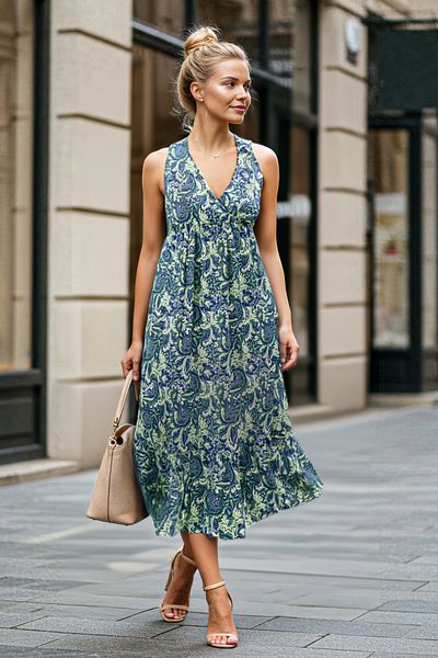Trendyol Collection Fusta cu decolteu în V cu imprimeu etnic albastru Rochie tricotată maxi elastică cu șnur cu volane TWOSS25EL00093