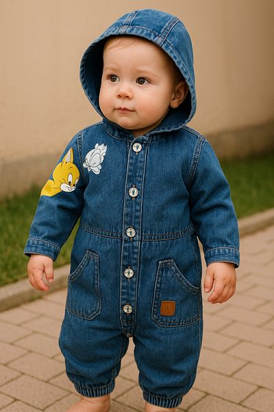 CROCODAYS Unisex Kids Baby Jeans (Jeans) Printed Hooded Jumpsuit (3/6/9/12) Months