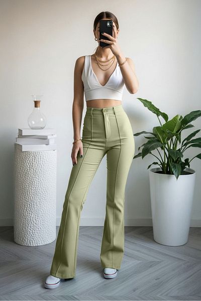 Trendyol Collection Zelené rovné střihy s vysokým pasem žebrované prošívané tkané kalhoty TWOSS21PL0093