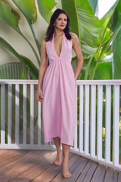 Trendyol Collection Růžové tkané plážové šaty s hlubokým výstřihem do V a zadním detailem TBESS25EL00136