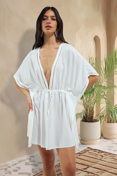 Trendyol Collection Ecru Mini Embroidered Woven Beach Kimono - Kaftan Tbess25Km00013