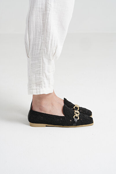 Beyond Women's Black Buckle Embroidered Straw Knitwear Daily Ballet Flats Byndtrb03