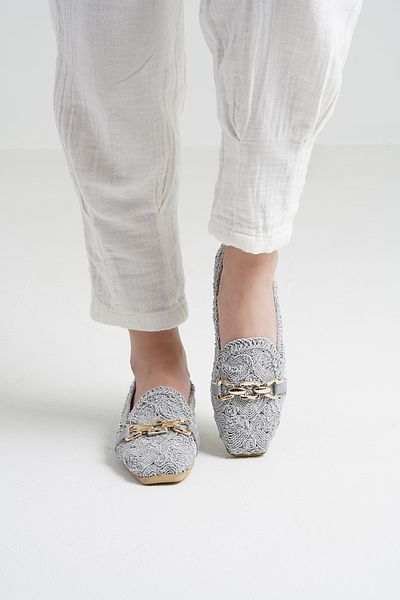 Beyond Women's Gray Buckle Embroidered Straw Knitwear Daily Ballerinas Byndtrb03
