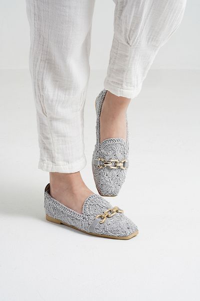 Beyond Women's Gray Buckle Embroidered Straw Knitwear Daily Ballerinas Byndtrb03