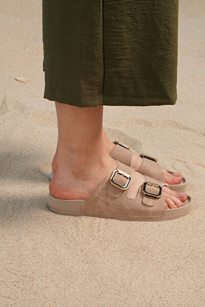 Beyond Women's Beige Double Buckle Slippers 2cm Byndrp01