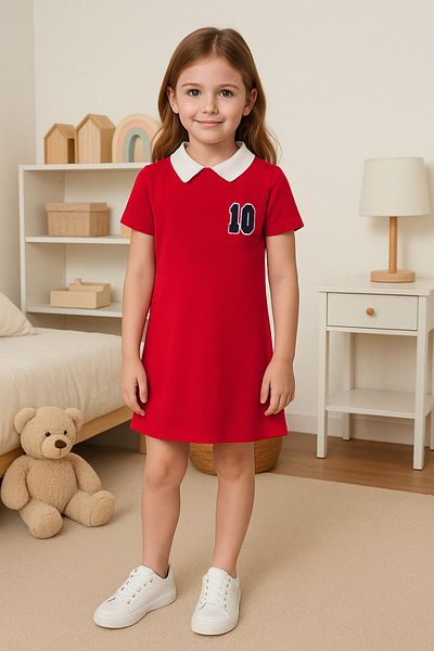 TRENDYOLKIDS Piros női gyermek 100% pamut hímzett ing gallér rövid ujjú rövid kötött ruha TKDSS25EL00090