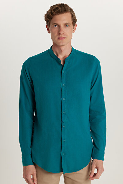 Tudors Πράσινο ανδρικό πουκάμισο - λεπτή εφαρμογή, μακρυμάνικο, 100% βαμβάκι, λινό υφή, επικρατέστερος γιακάς