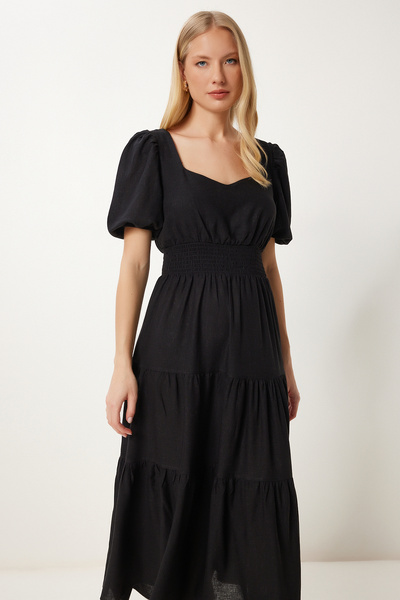 Happiness İstanbul Dámské černé volánové midi lněné šaty FK00013